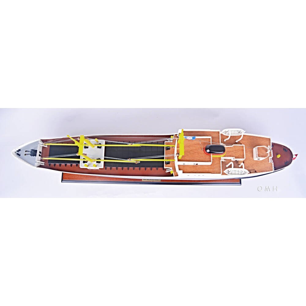 12" Unfinished Wood Hand Painted Model Boat. Home product isolated on a plain white background, showing a brown wood surface.
