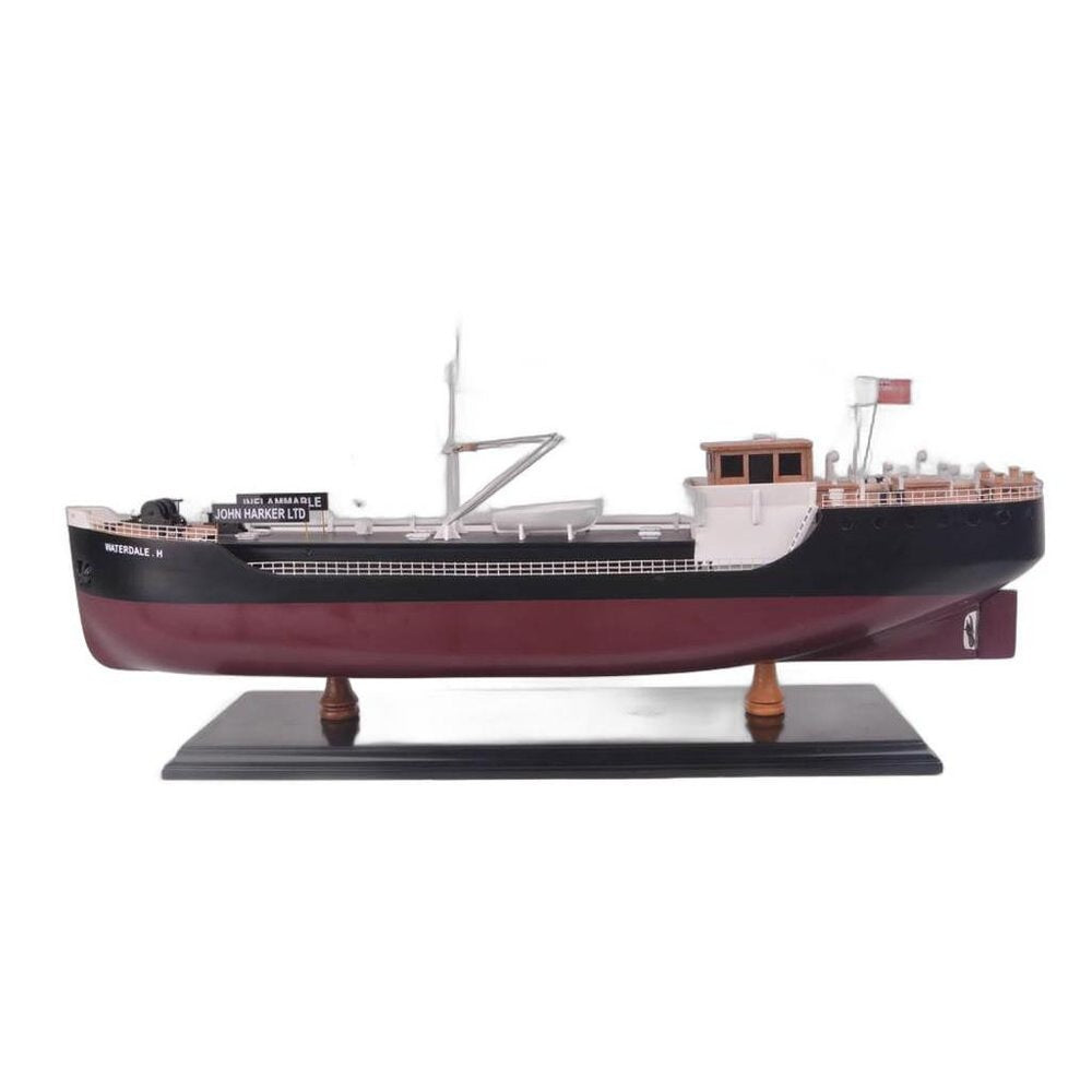 10" Unfinished Wood Hand Painted Model Boat. Home product isolated on a plain white background, finished in burgundy wood.