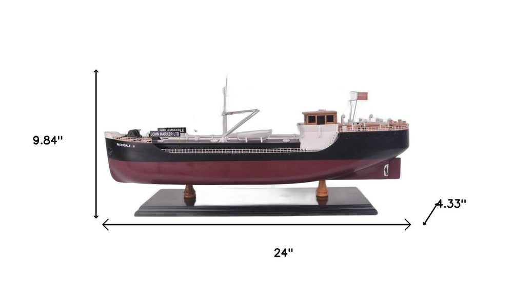 10" Unfinished Wood Hand Painted Model Boat. Home product isolated on a plain white background, finished in burgundy wood.
