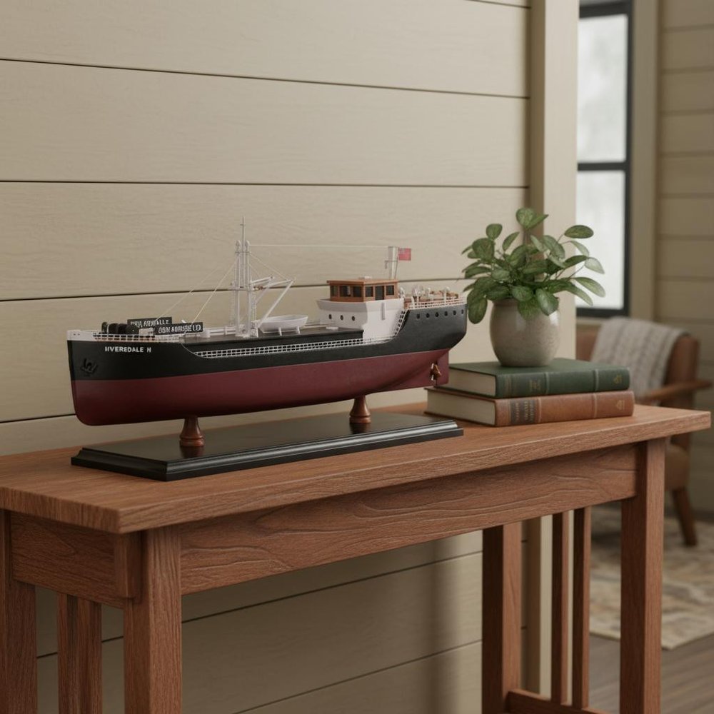 10" Unfinished Wood Hand Painted Model Boat styled in a furnished interior with a tan wall on a dark wood floor in dark brown wood.