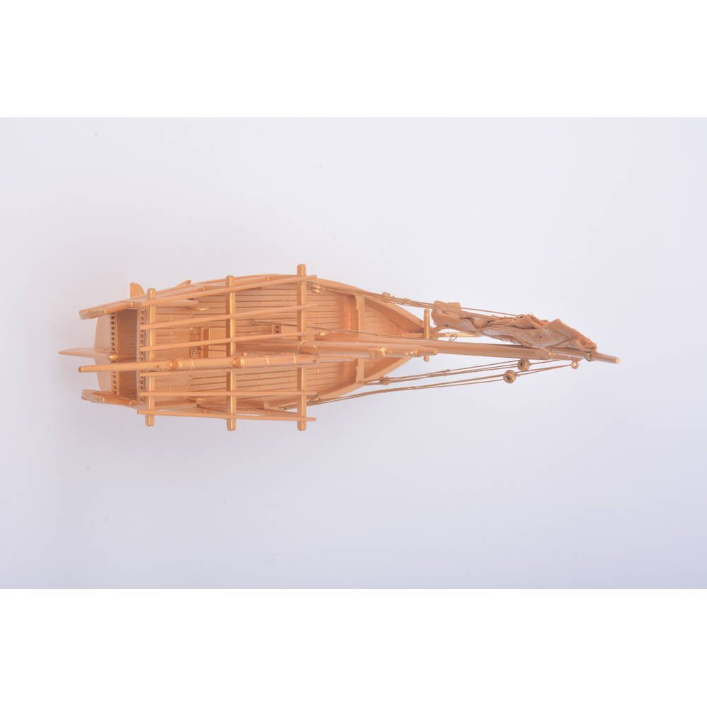 11" Unfinished Wood Hand Painted Model Boat. Home product isolated on a plain white background, finished in tan wood.