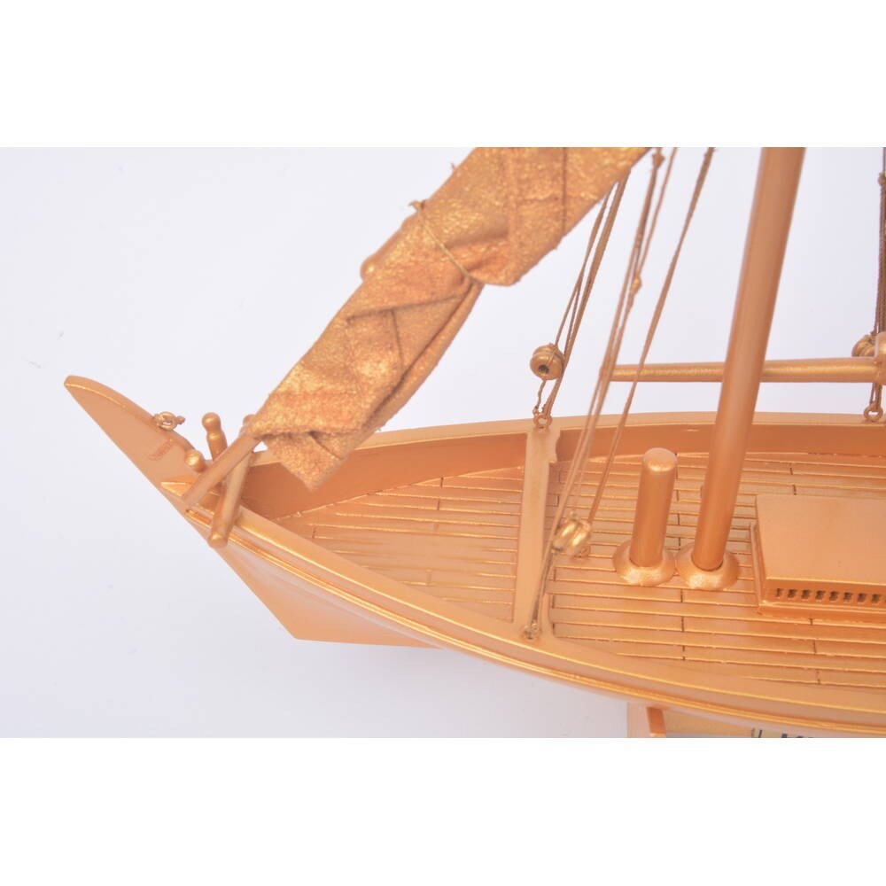 11" Unfinished Wood Hand Painted Model Boat. Home product isolated on a plain white background, in a orange wood finish.