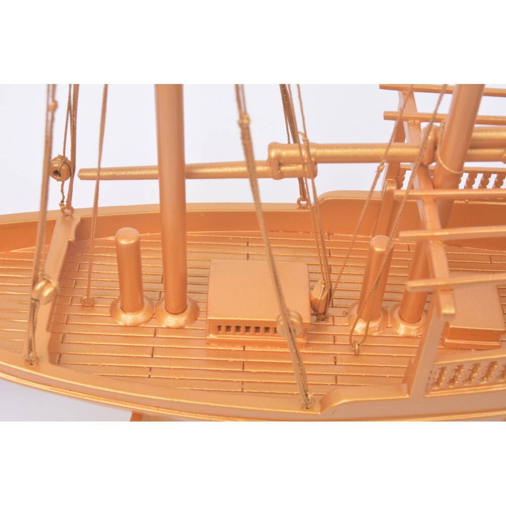 11" Unfinished Wood Hand Painted Model Boat. Home product isolated on a plain white background, showing a orange wood surface.