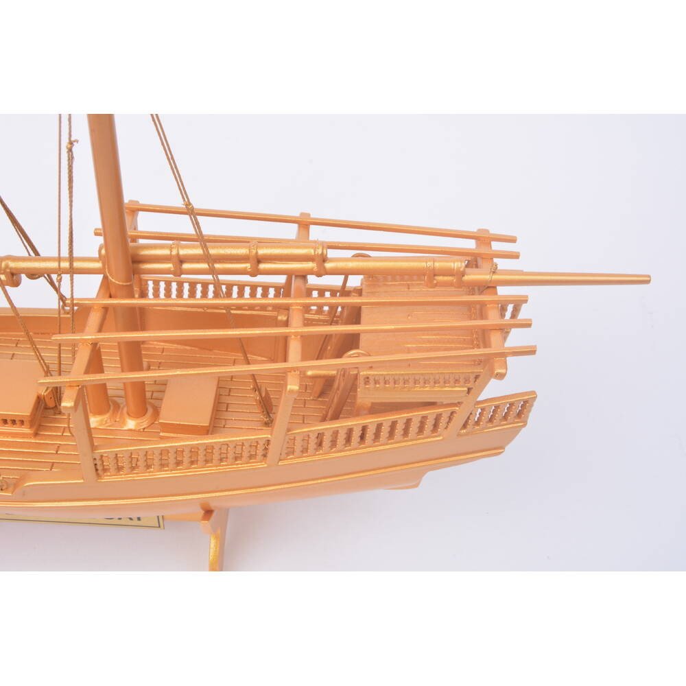 11" Unfinished Wood Hand Painted Model Boat. Home product isolated on a plain white background, in a orange wood finish.