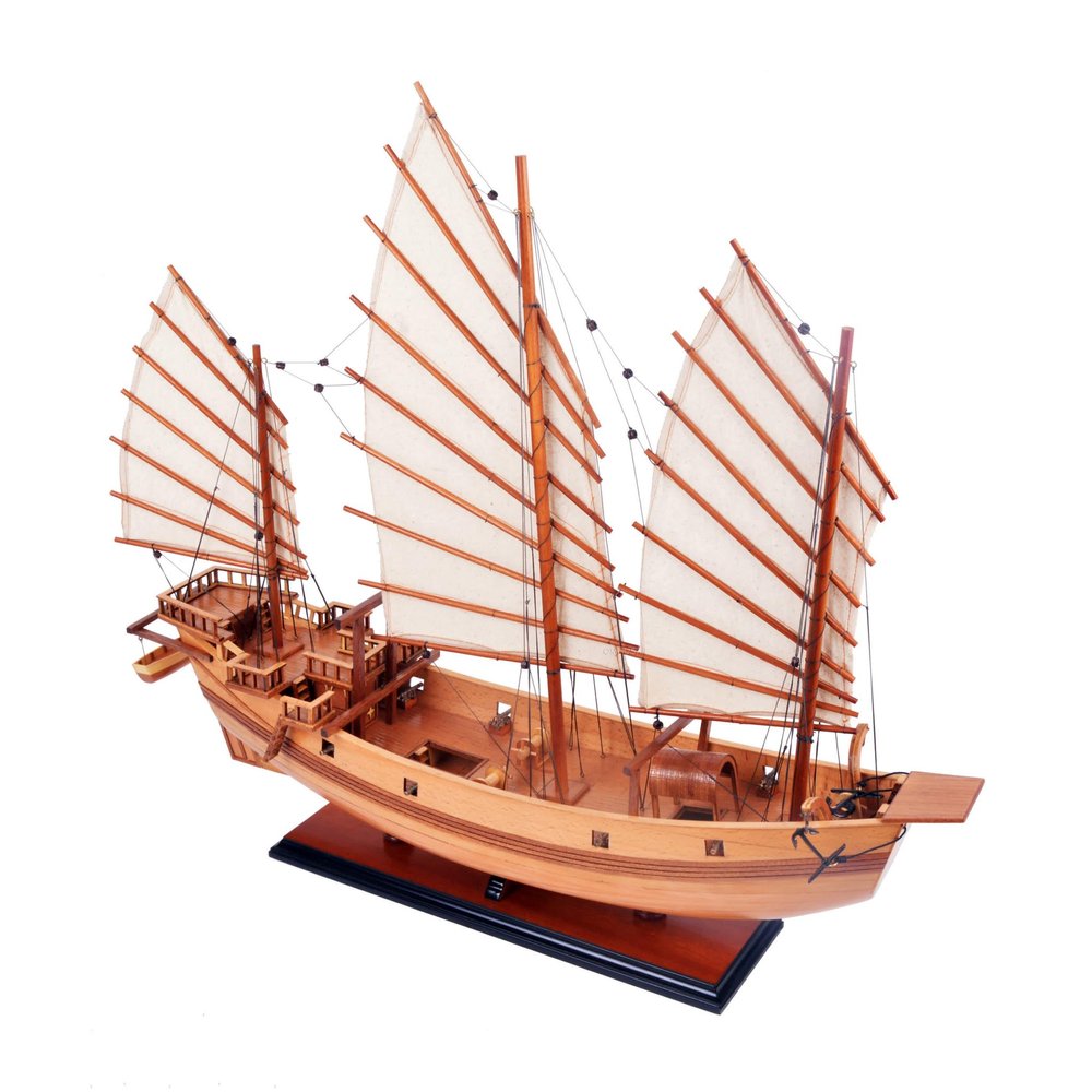 23" Unfinished Wood Hand Painted Model Boat. Home product isolated on a plain white background, in a blush wood finish.