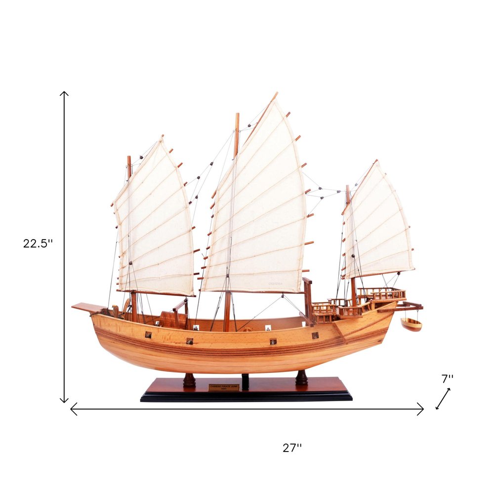 23" Unfinished Wood Hand Painted Model Boat. Home product isolated on a plain white background, in a orange wood finish.