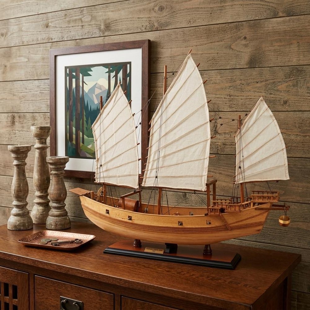 23" Unfinished Wood Hand Painted Model Boat styled in a furnished interior with a tan wall on a dark wood floor in dark brown wood.