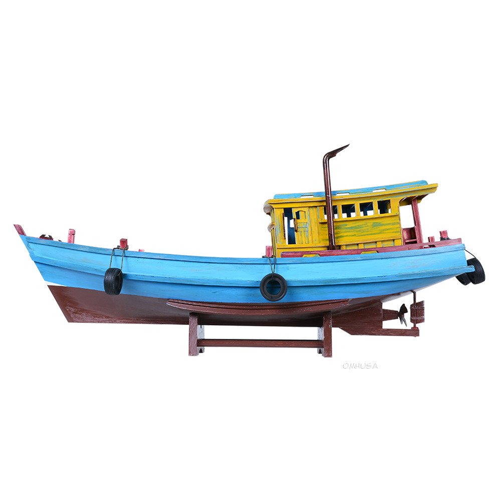 13" Unfinished Wood Hand Painted Model Boat. Home product isolated on a plain white background, in a blue wood finish.