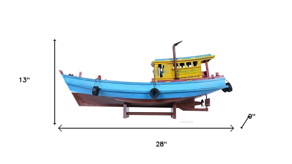 13" Unfinished Wood Hand Painted Model Boat. Home product isolated on a plain white background, finished in blue wood.