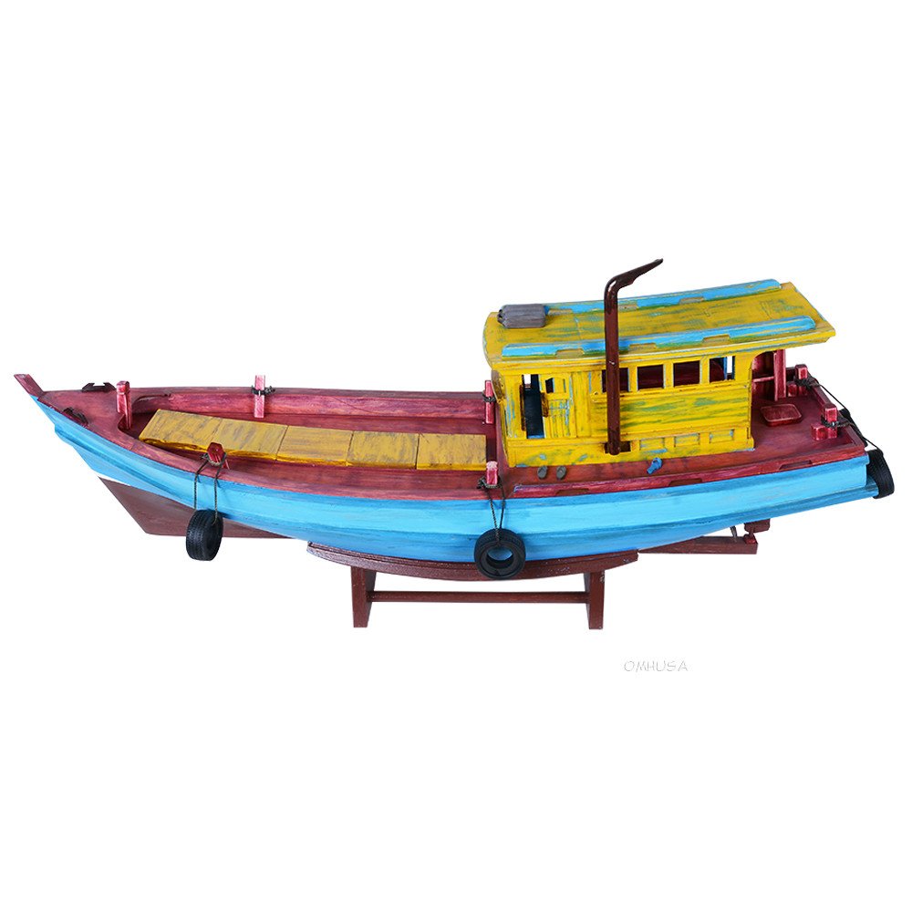 13" Unfinished Wood Hand Painted Model Boat. Home product isolated on a plain white background, in a burgundy wood finish.