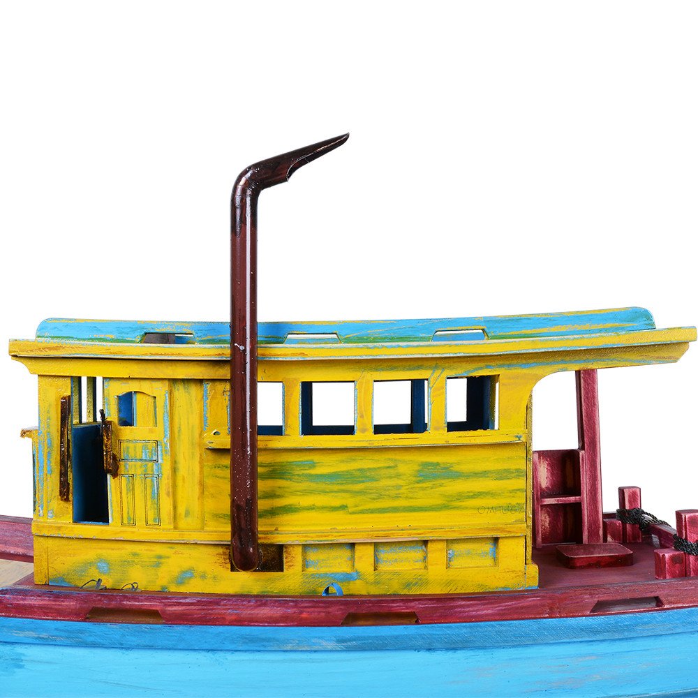 13" Unfinished Wood Hand Painted Model Boat. Home product isolated on a plain white background, showing a gold wood surface.