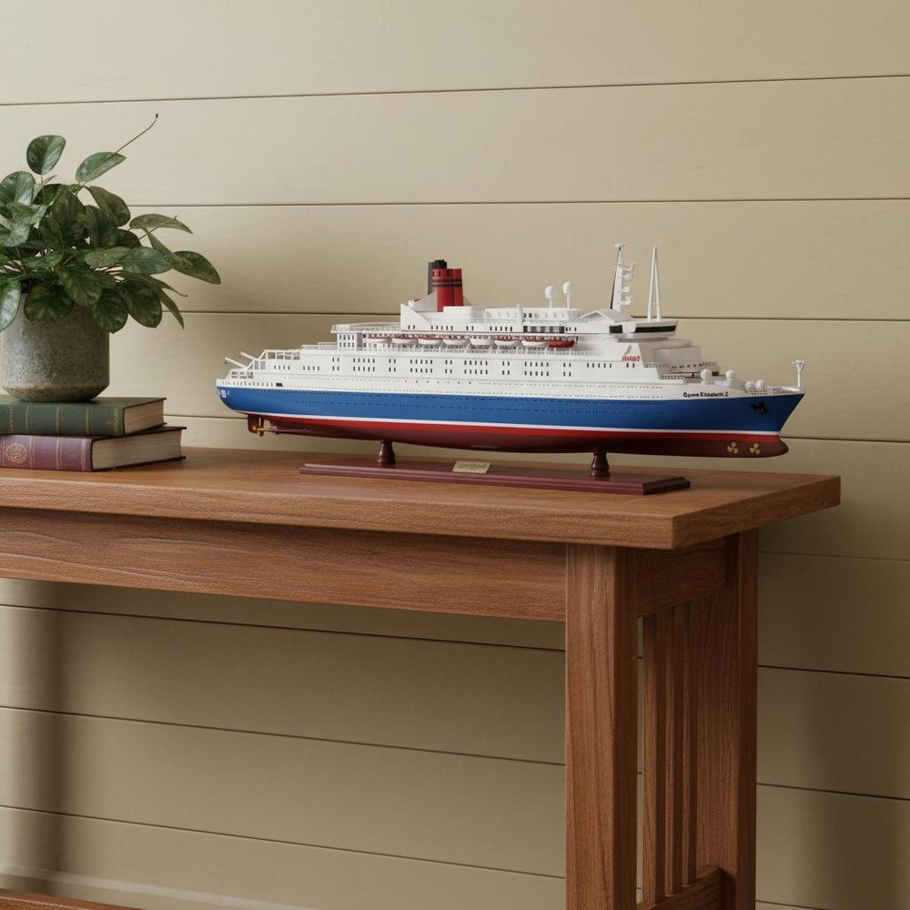 14" Unfinished Wood Hand Painted Model Boat styled in a furnished interior with a cream wall on a wood floor in tan wood.
