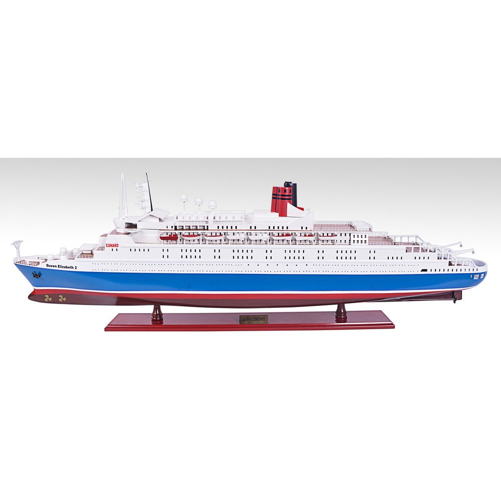 14" Unfinished Wood Hand Painted Model Boat. Home product isolated on a plain white background, finished in blue wood.