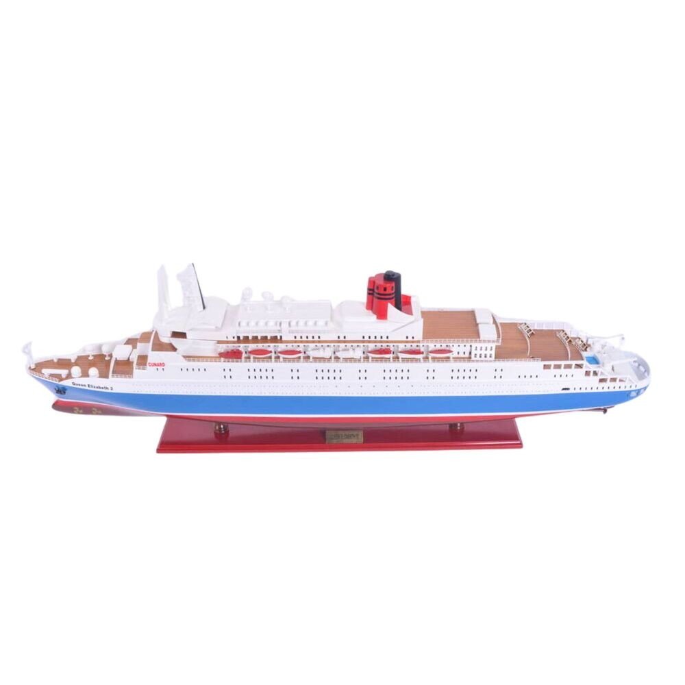 14" Unfinished Wood Hand Painted Model Boat. Home product isolated on a plain white background, in a blue wood finish.