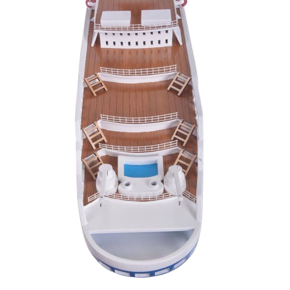 14" Unfinished Wood Hand Painted Model Boat. Home product isolated on a plain white background, in a brown wood finish.