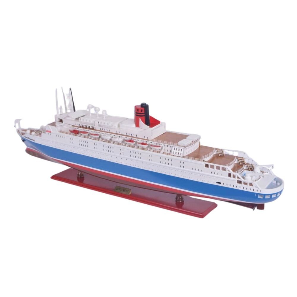 14" Unfinished Wood Hand Painted Model Boat. Home product isolated on a plain white background, showing a blue wood surface.