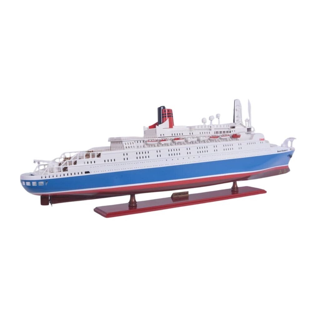 14" Unfinished Wood Hand Painted Model Boat. Home product isolated on a plain white background, finished in blue wood.
