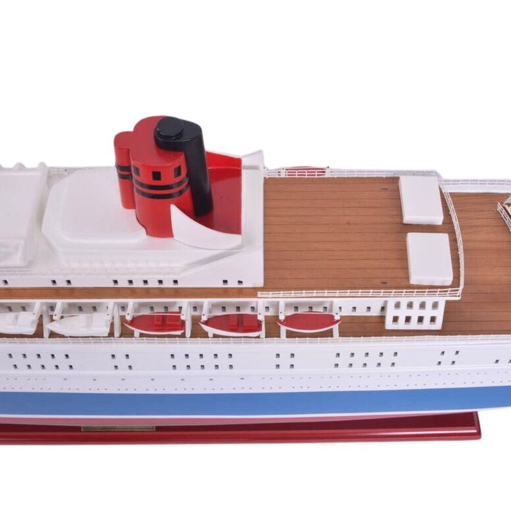 14" Unfinished Wood Hand Painted Model Boat. Home product isolated on a plain white background, showing a brown wood surface.