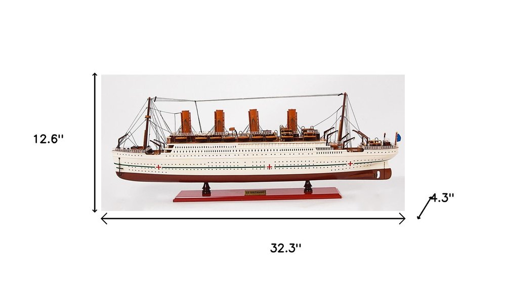 13" Unfinished Wood Hand Painted Model Boat. Home product isolated on a plain white background, showing a light gray wood surface.