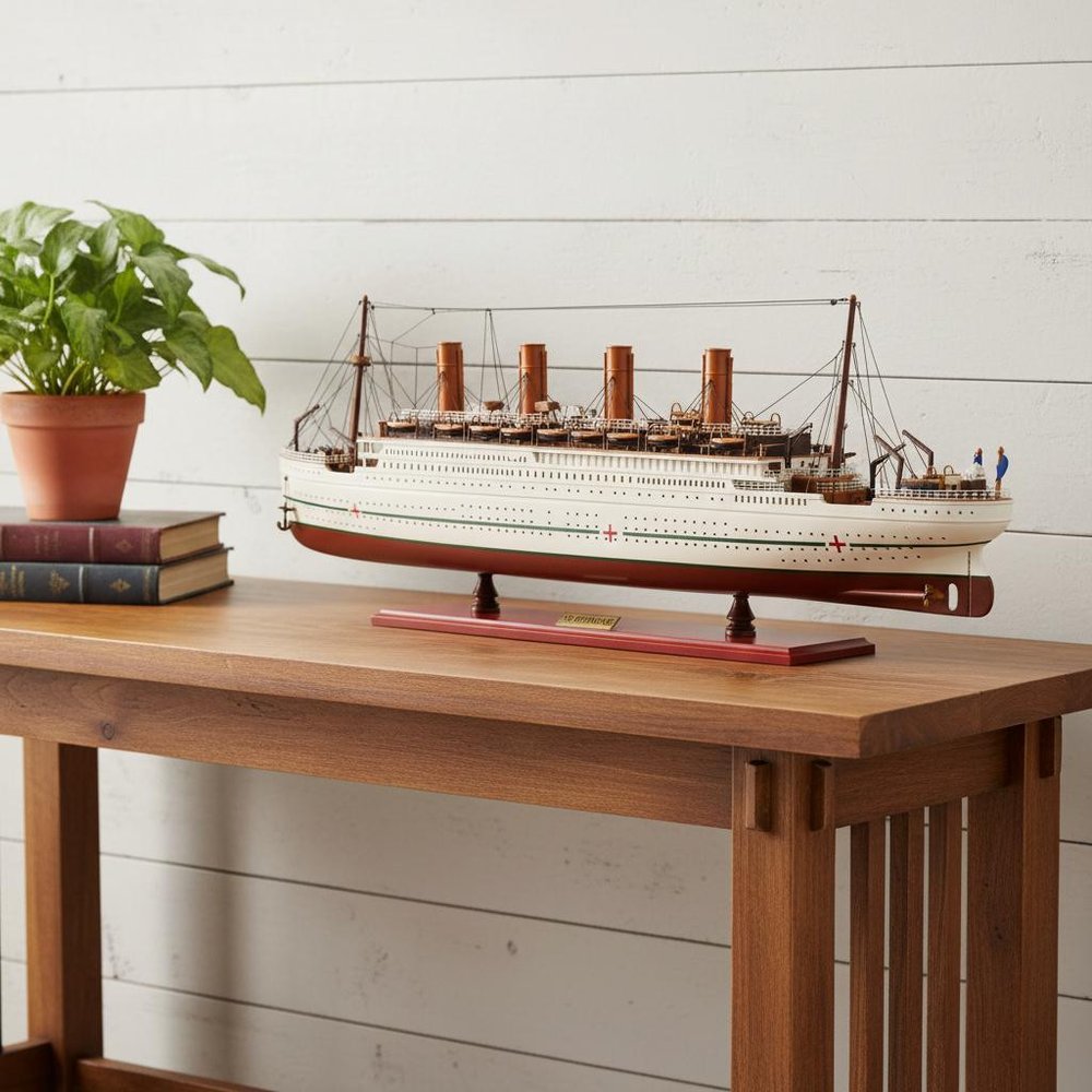 13" Unfinished Wood Hand Painted Model Boat styled in a furnished interior with an off-white wall on a wood floor in tan wood.