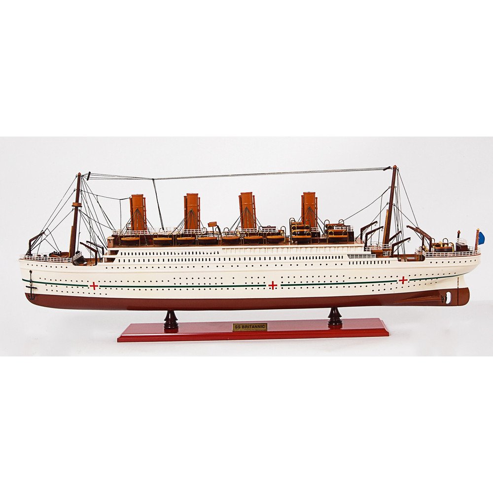 13" Unfinished Wood Hand Painted Model Boat. Home product isolated on a plain white background, finished in burgundy wood.