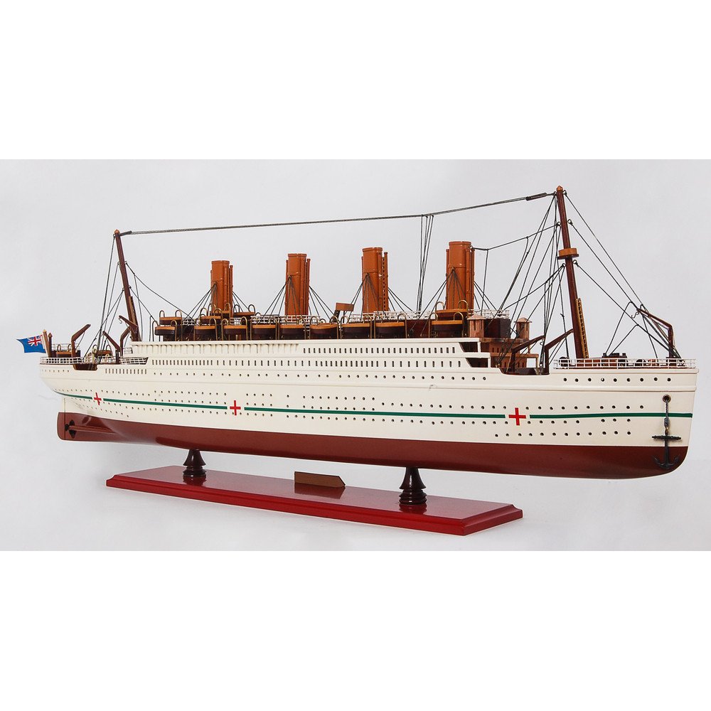 13" Unfinished Wood Hand Painted Model Boat. Home product isolated on a plain white background, in a cream wood finish.