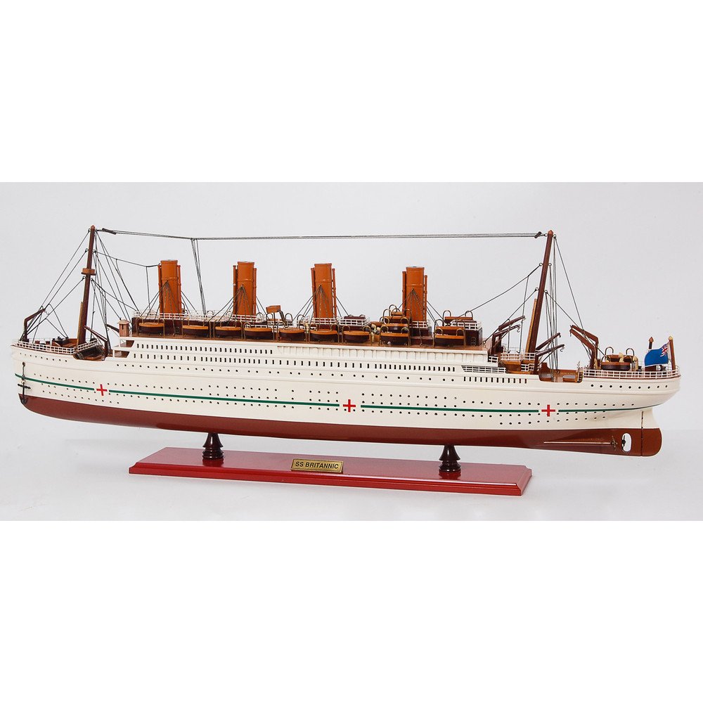 13" Unfinished Wood Hand Painted Model Boat. Home product isolated on a plain white background, showing a light gray wood surface.