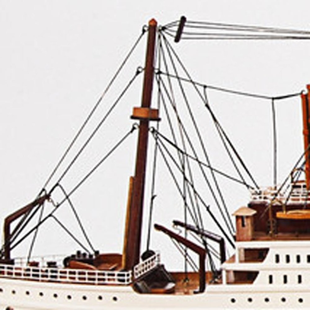 13" Unfinished Wood Hand Painted Model Boat. Home product isolated on a plain white background, finished in light gray wood.