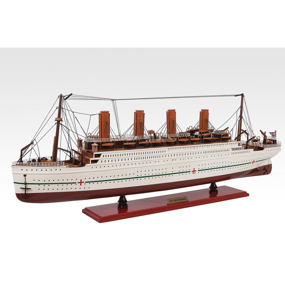 13" Unfinished Wood Hand Painted Model Boat. Home product isolated on a plain white background, showing a burgundy wood surface.