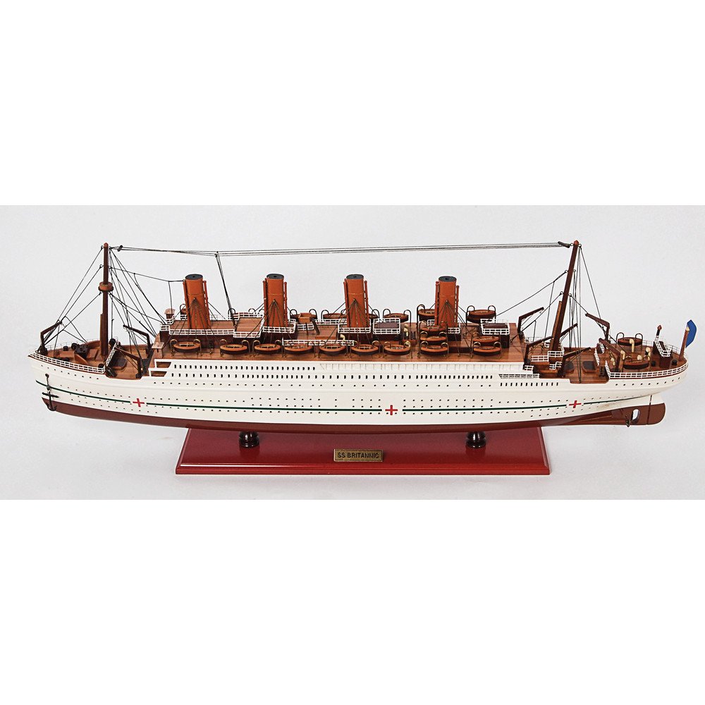 13" Unfinished Wood Hand Painted Model Boat. Home product isolated on a plain white background, finished in burgundy wood.