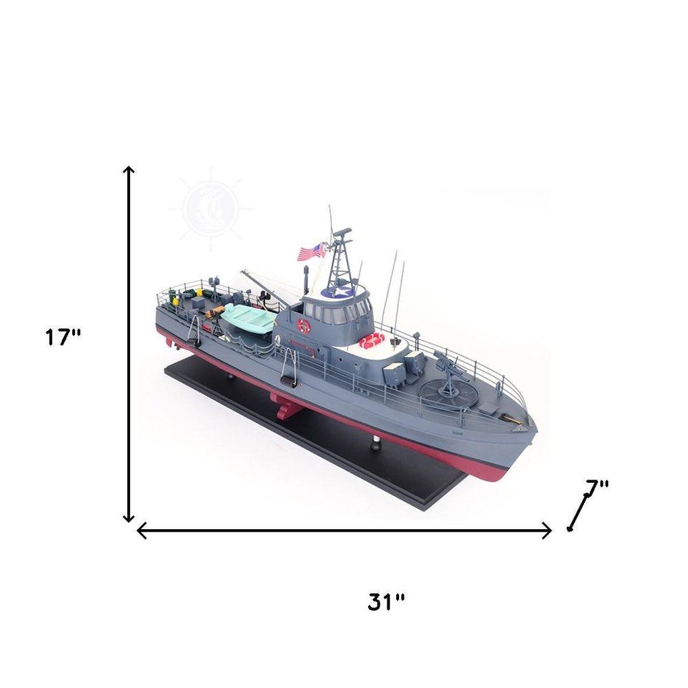 17" Unfinished Wood Hand Painted Model Boat. Home product isolated on a plain white background, in a blue wood finish.