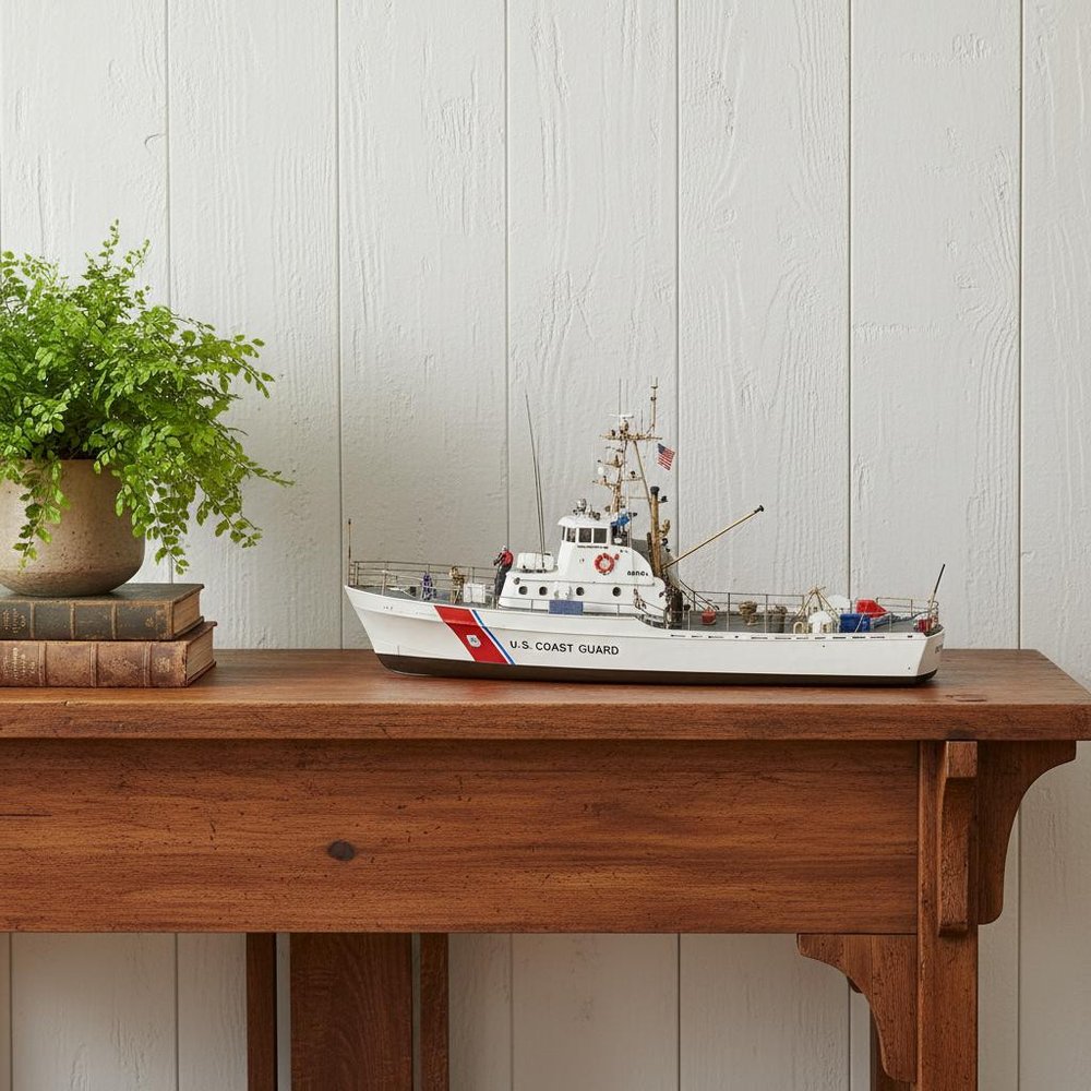 17" Unfinished Wood Hand Painted Model Boat styled in a furnished interior with an off-white wall on a dark wood floor in dark brown wood.