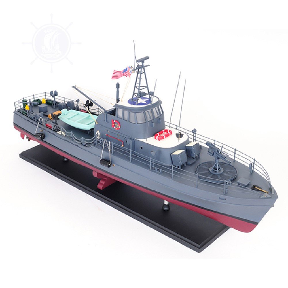 17" Unfinished Wood Hand Painted Model Boat. Home product isolated on a plain white background, in a blue wood finish.