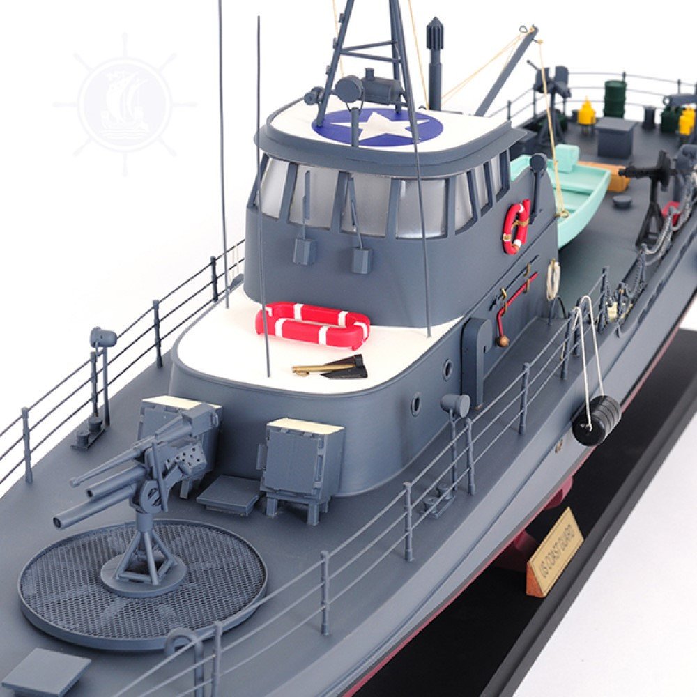 17" Unfinished Wood Hand Painted Model Boat. Home product isolated on a plain white background, in a blue wood finish.