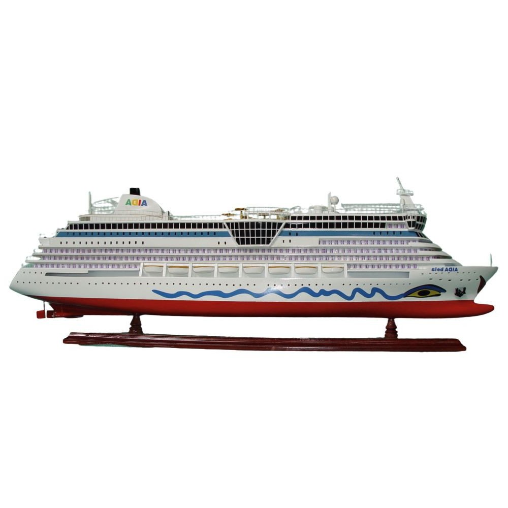 11" Unfinished Wood Hand Painted Model Boat. Home product isolated on a plain white background, showing a light gray wood surface.