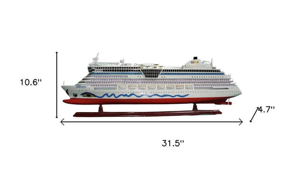 11" Unfinished Wood Hand Painted Model Boat. Home product isolated on a plain white background, showing a light gray wood surface.