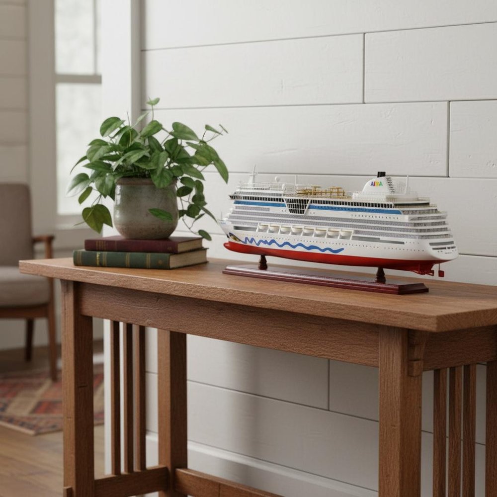 11" Unfinished Wood Hand Painted Model Boat styled in a furnished interior with an off-white wall on a dark wood floor in dark brown wood.