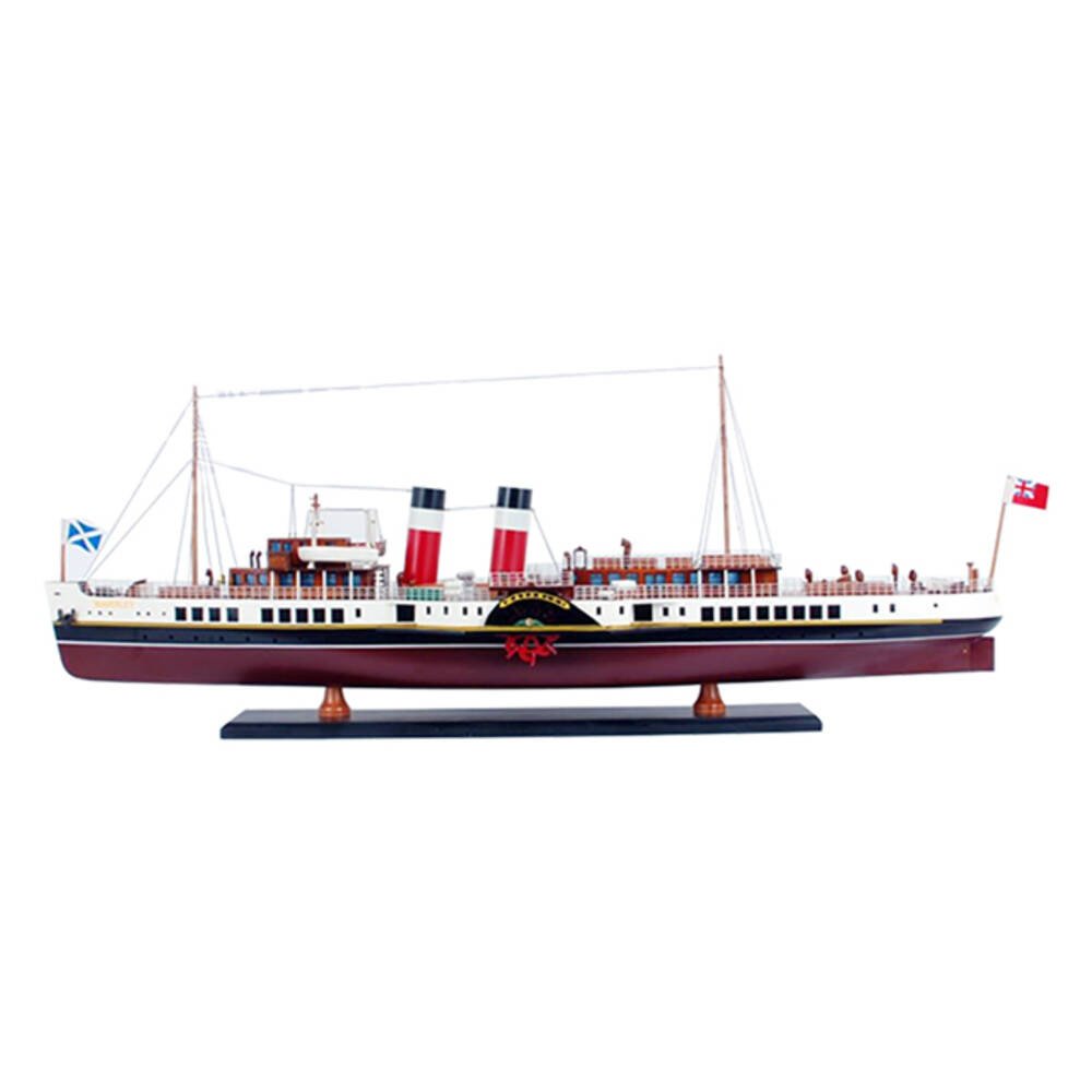 11" Unfinished Wood Hand Painted Model Boat. Home product isolated on a plain white background, finished in burgundy wood.
