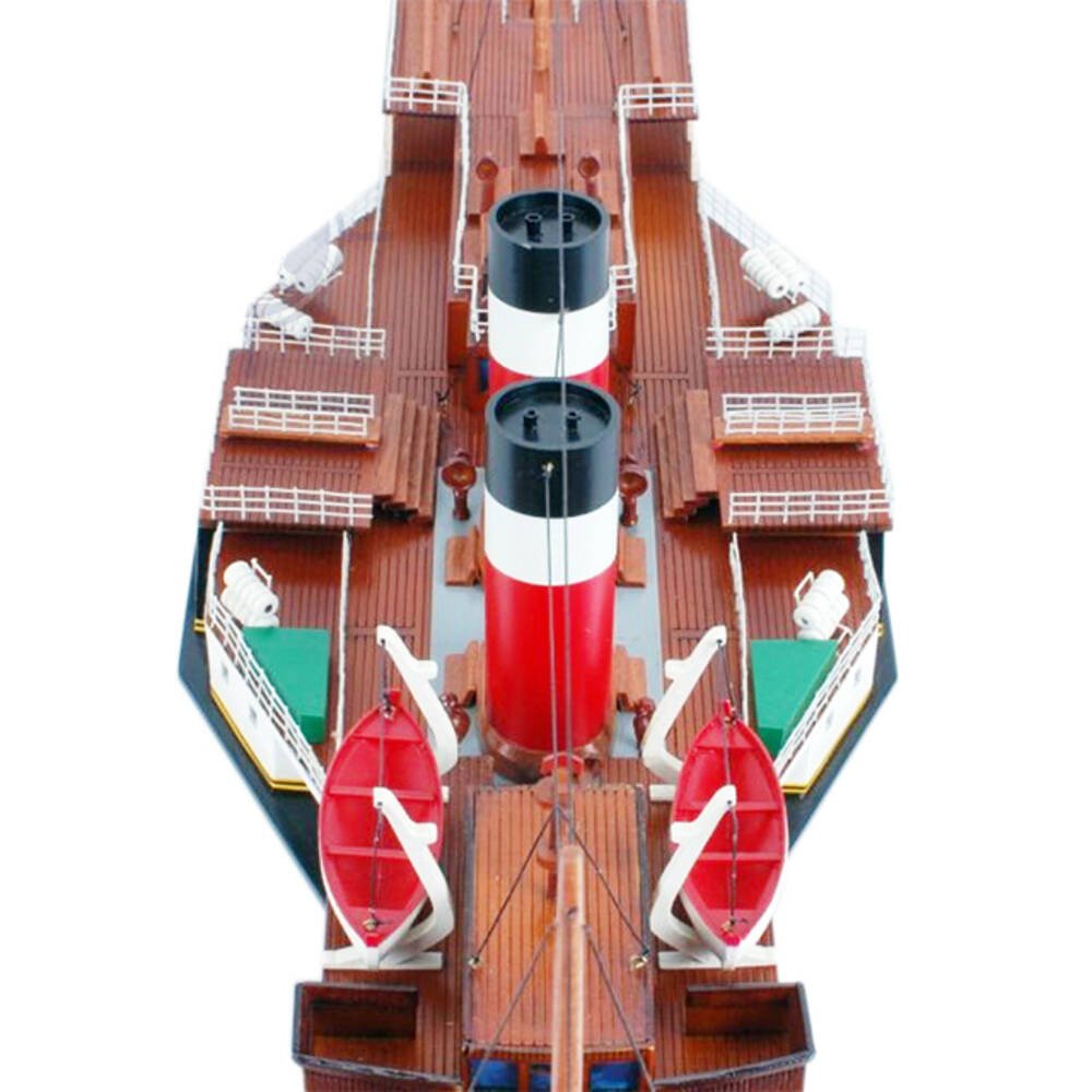 11" Unfinished Wood Hand Painted Model Boat. Home product isolated on a plain white background, finished in burgundy wood.