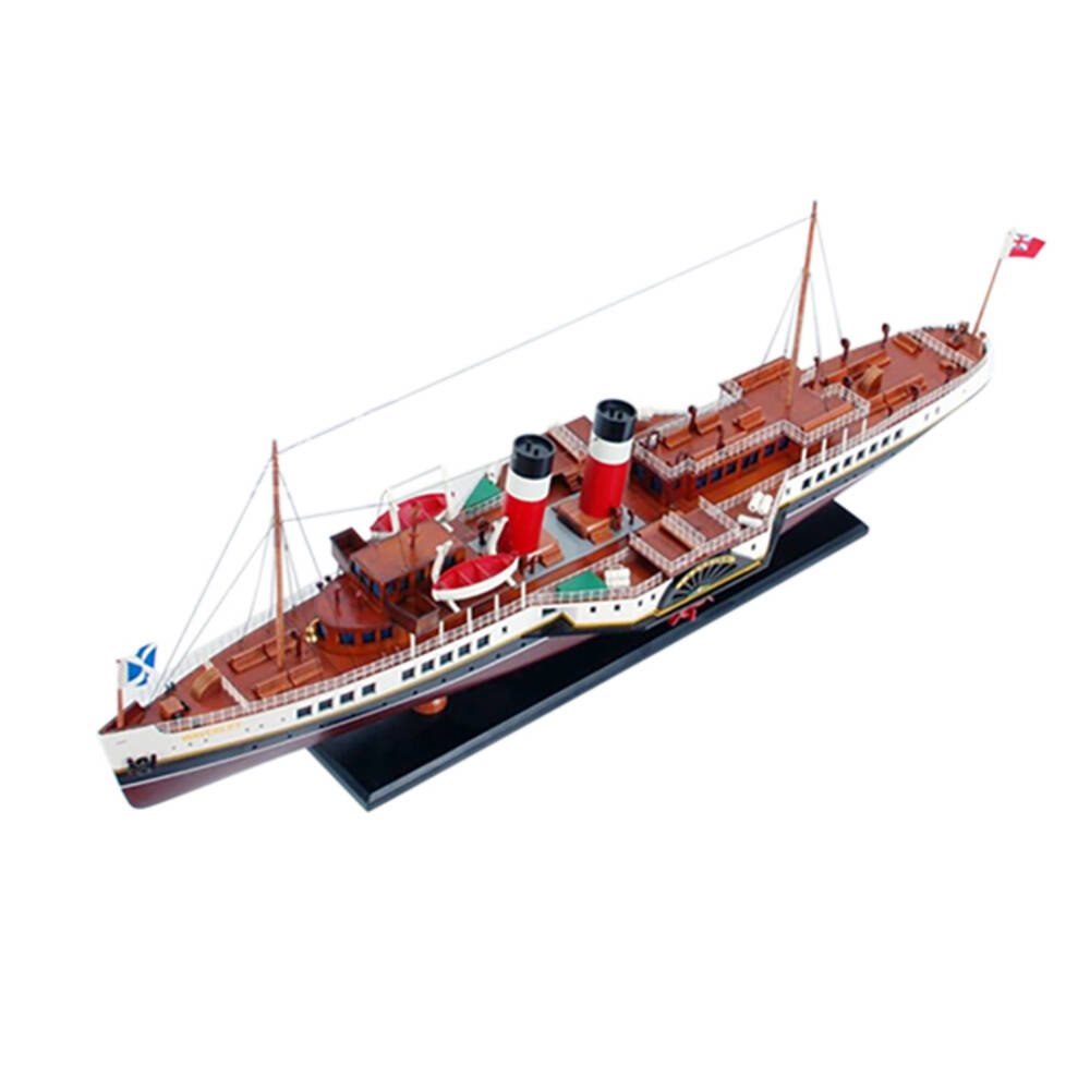 11" Unfinished Wood Hand Painted Model Boat. Home product isolated on a plain white background, showing a burgundy wood surface.