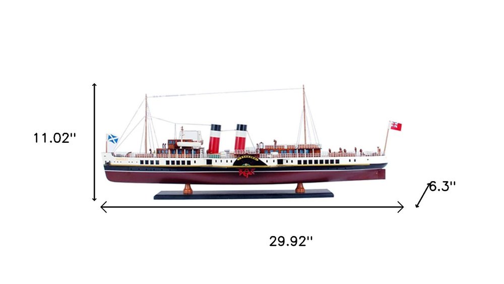 11" Unfinished Wood Hand Painted Model Boat. Home product isolated on a plain white background, finished in light gray wood.