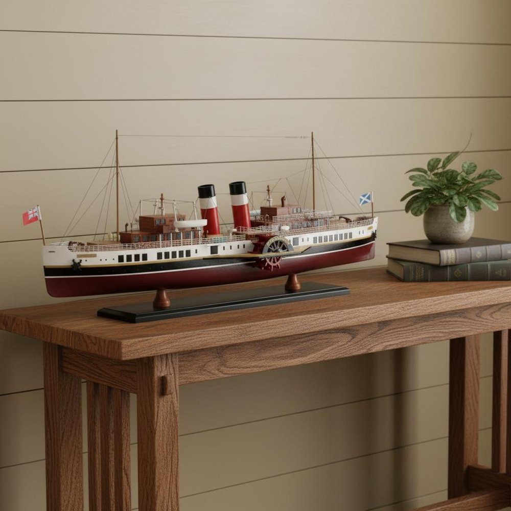 11" Unfinished Wood Hand Painted Model Boat styled in a furnished interior with a tan wall on a dark wood floor in tan wood.