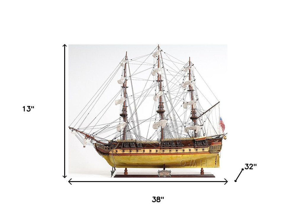 13" Unfinished Wood Hand Painted Model Boat. Home product isolated on a plain white background, in a light gray wood finish.
