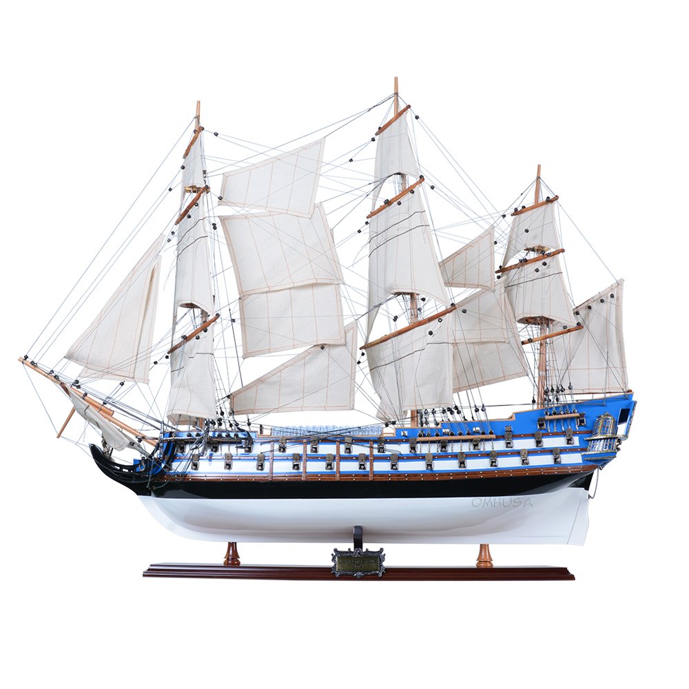 23" Unfinished Wood Hand Painted Boat Model Boat. Home product isolated on a plain white background, in a light gray wood finish.