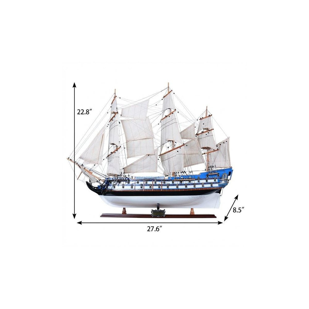 23" Unfinished Wood Hand Painted Boat Model Boat. Home product isolated on a plain white background, finished in light gray wood.