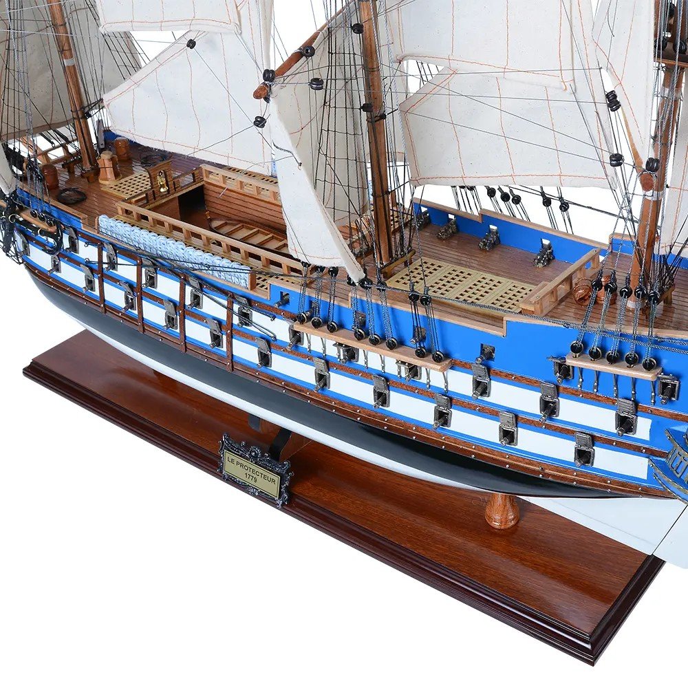 23" Unfinished Wood Hand Painted Boat Model Boat. Home product in blue wood.