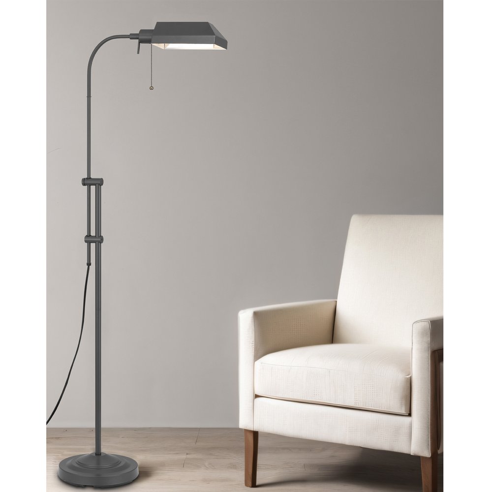 Gray Metal Adjustable Reading Floor Lamp With Gray Metal Shade on a white background
