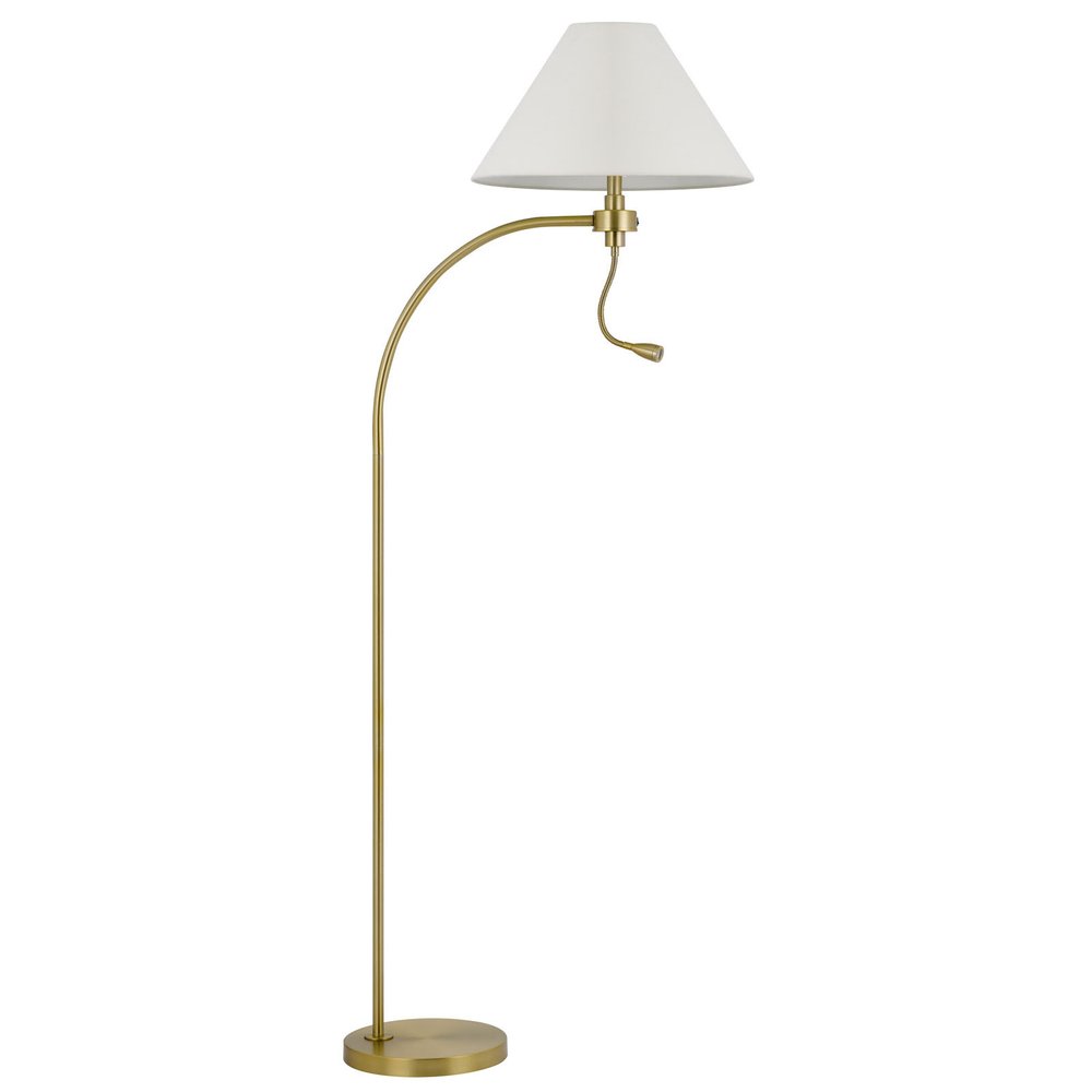 68" Antiqued Brass Metal Reading Floor Lamp With Off White Fabric Empire Shade