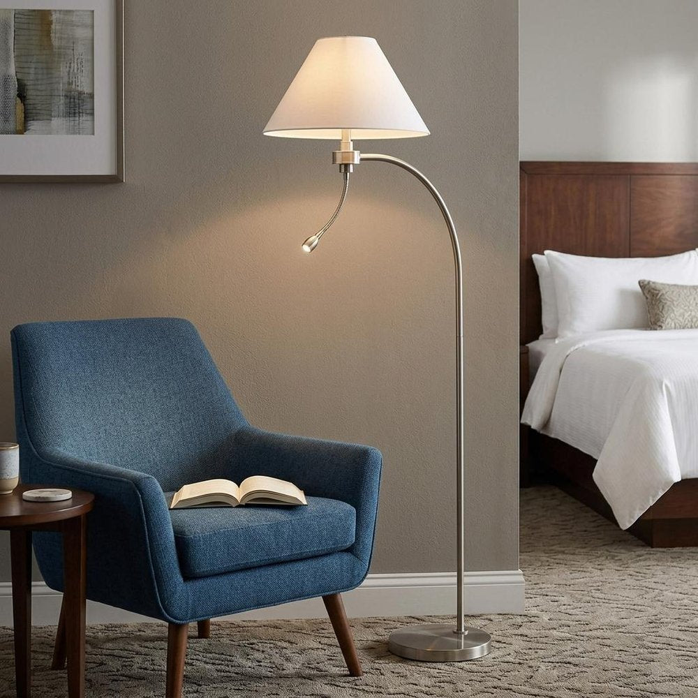 68" Nickel Metal Reading Floor Lamp With White Fabric Empire Shade standing in a furnished interior on a wood floor in silver metal.