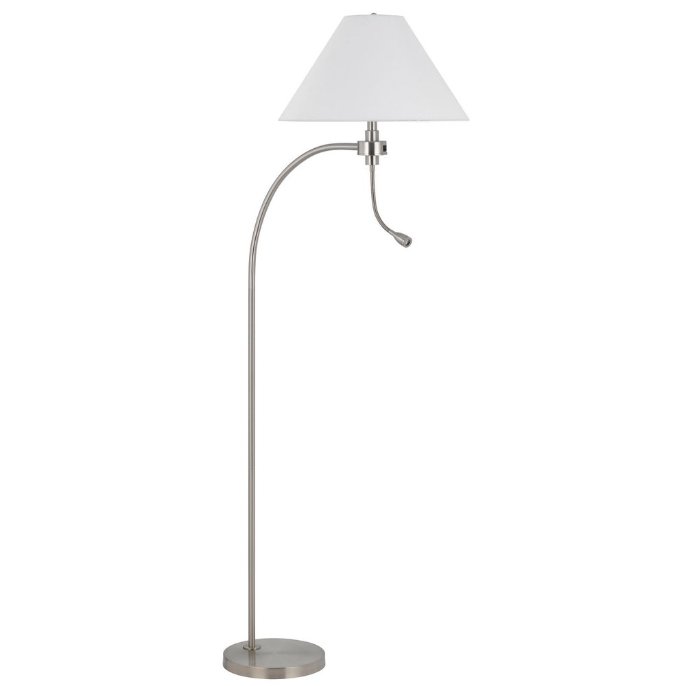 68" Nickel Metal Reading Floor Lamp With White Fabric Empire Shade. Floor lamp isolated on a plain white background, in a silver metal finish.